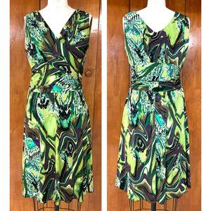 Crossover Front Green and Purple Marble Print Dress